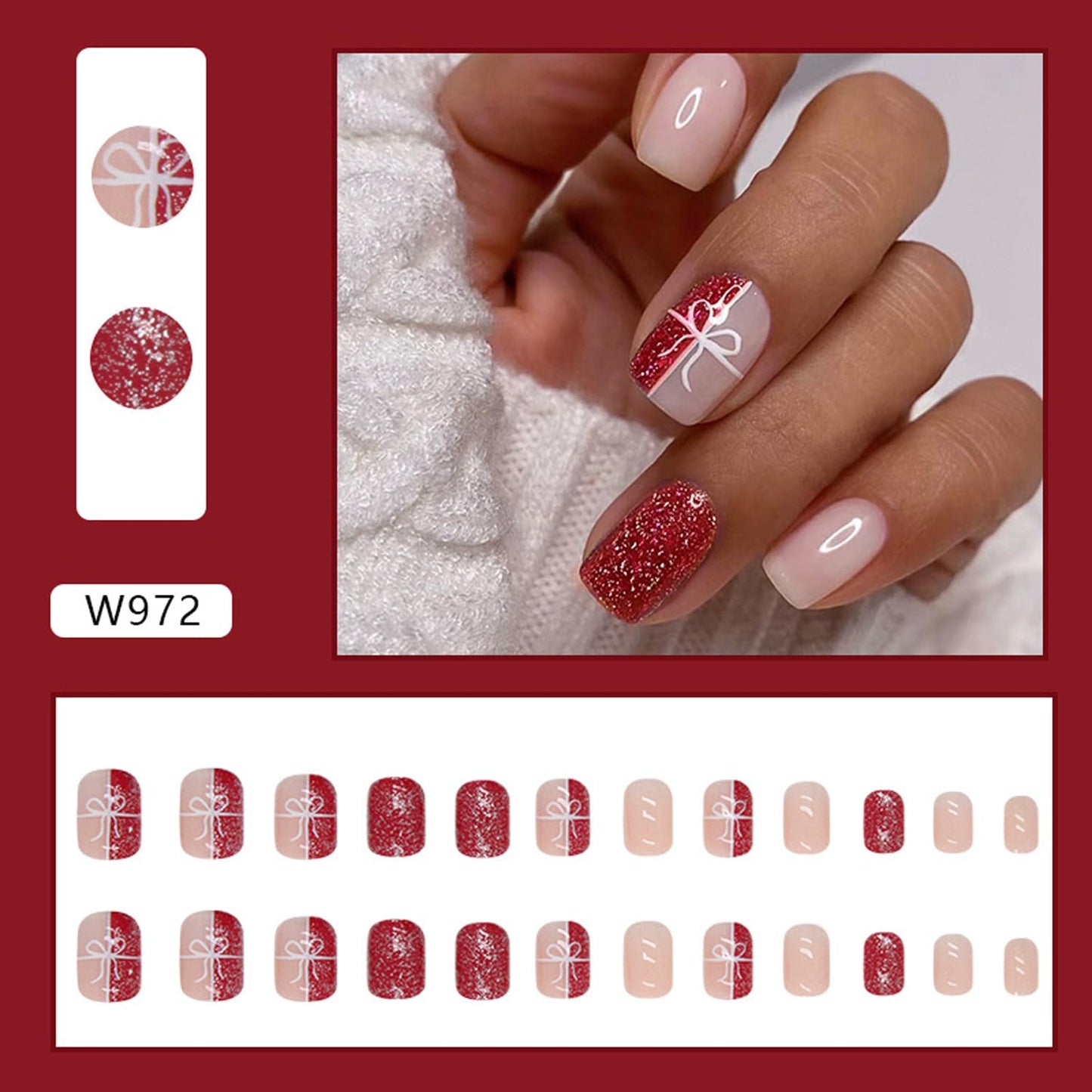 Christmas Press on Nails Short Square Fake Nails with Red Glitter Gift Box Designs Xmas False Nails Acrylic Glue on Nails Full Cover Stick on Nails Winter Artificial Nails for Women 24 Pcs