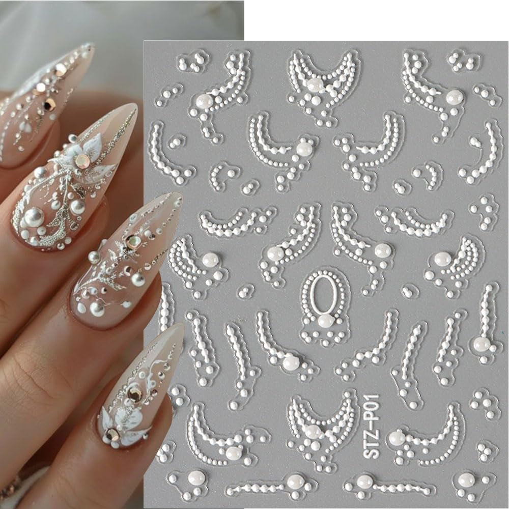 Relief White Pearls French Tip Nail Stickers for Nail Art Supplies,Pearl Chains Lace Wave Lines Nail Designs 5D Nail Art Stickers Vintage French Manicure Pearl Strips Nail Decals Nail Accessories