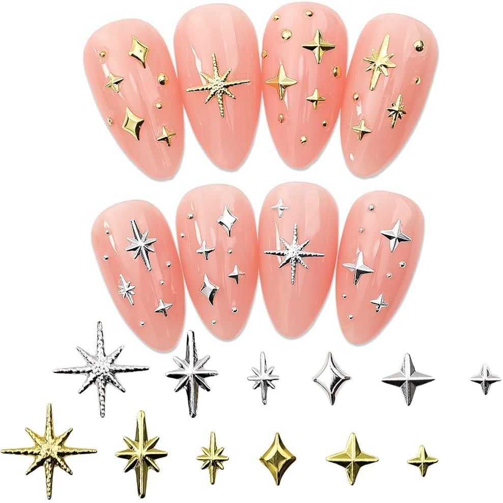 240Pcs Gold Silver Star Nail Charms 3D Star Charms for Nails Design Metal Stars Nail Art Charms Alloy Nail Studs Star Nail Charm Nail Jewels for Nail Art Supplies Starlight Nail Decor Nail Accessories