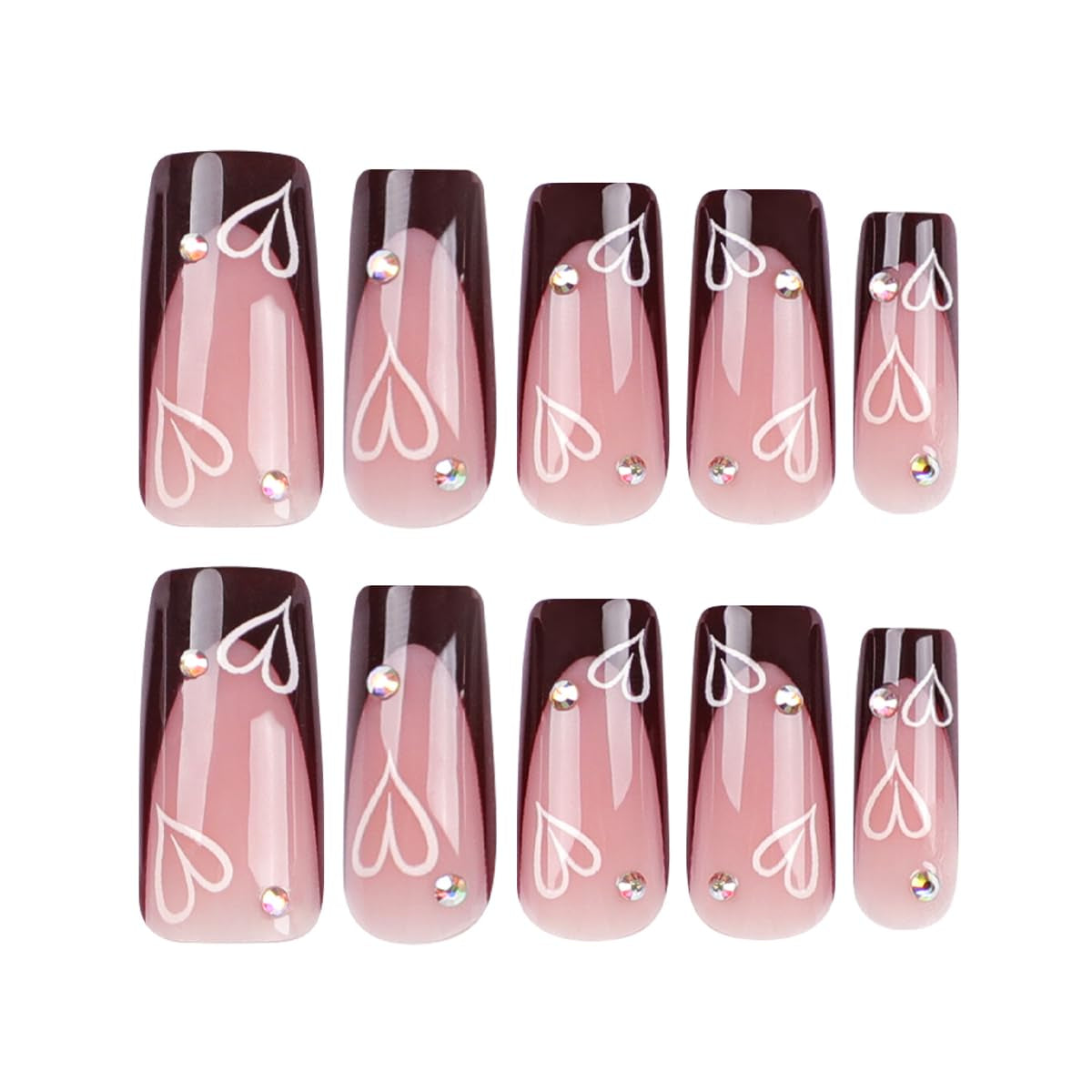 French Tip Press on Nails Square Medium Long Brown Pink Heart Rhinestone Fake Nails Women Glue on Nails Acrylic Gel Stick on Nails Glitter Fantasy False Nails Wedding Birthday