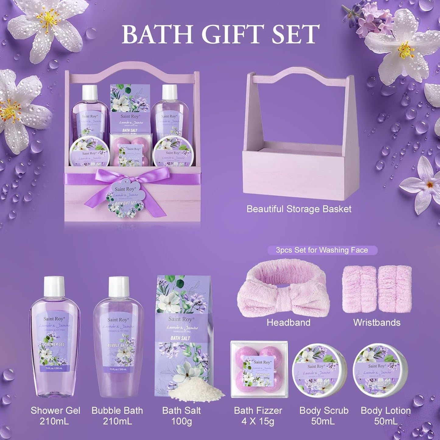 Valentines Day Gifts for Her Spa Gift Baskets for Women - 13Pcs Lavender Jasmine Luxury Spa Gift Set with Nourishing Birthday Gifts for Women, Mothers Day Gifts, Gift Set Bath Spa Basket