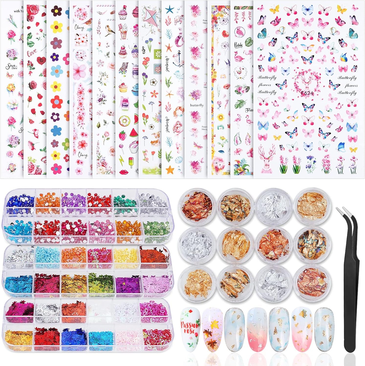 Nail Art Decoration Set with Nail Art Stickers,Nail Foil Flakes,Nail Sequins,Nail Rhinestones, Nail Tweezers,Nail Glitter,3D Self-Adhesive Nail Decals,Manicure DIY Nail Salon Crafting