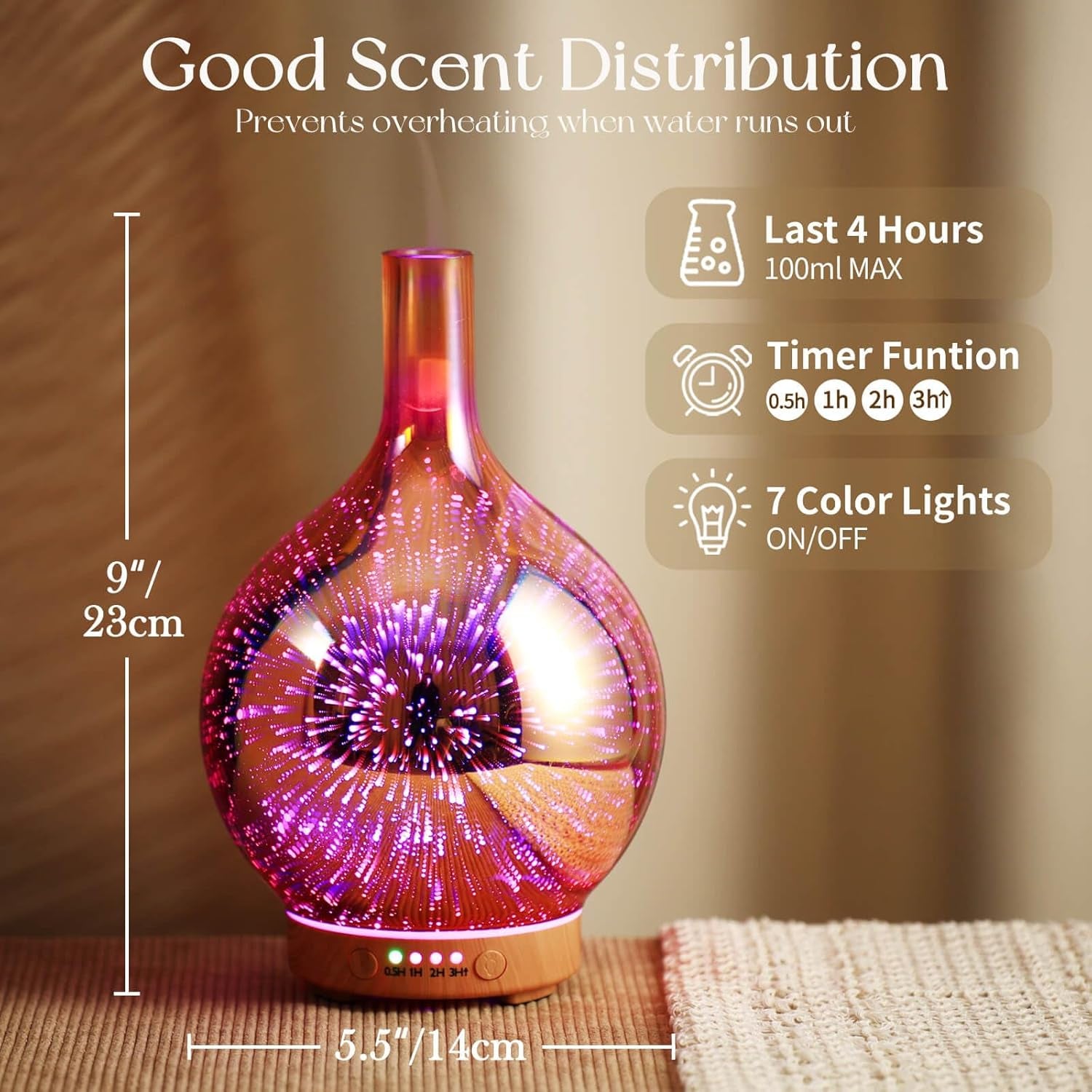 Rose Gold Essential Oil Diffuser 3D Glass Aromatherapy Ultrasonic Humidifier, Waterless Auto-Off, Timer Setting, BPA Free, Air Refresh for Home Hotel Yoga Leisure SPA Gift 100Ml