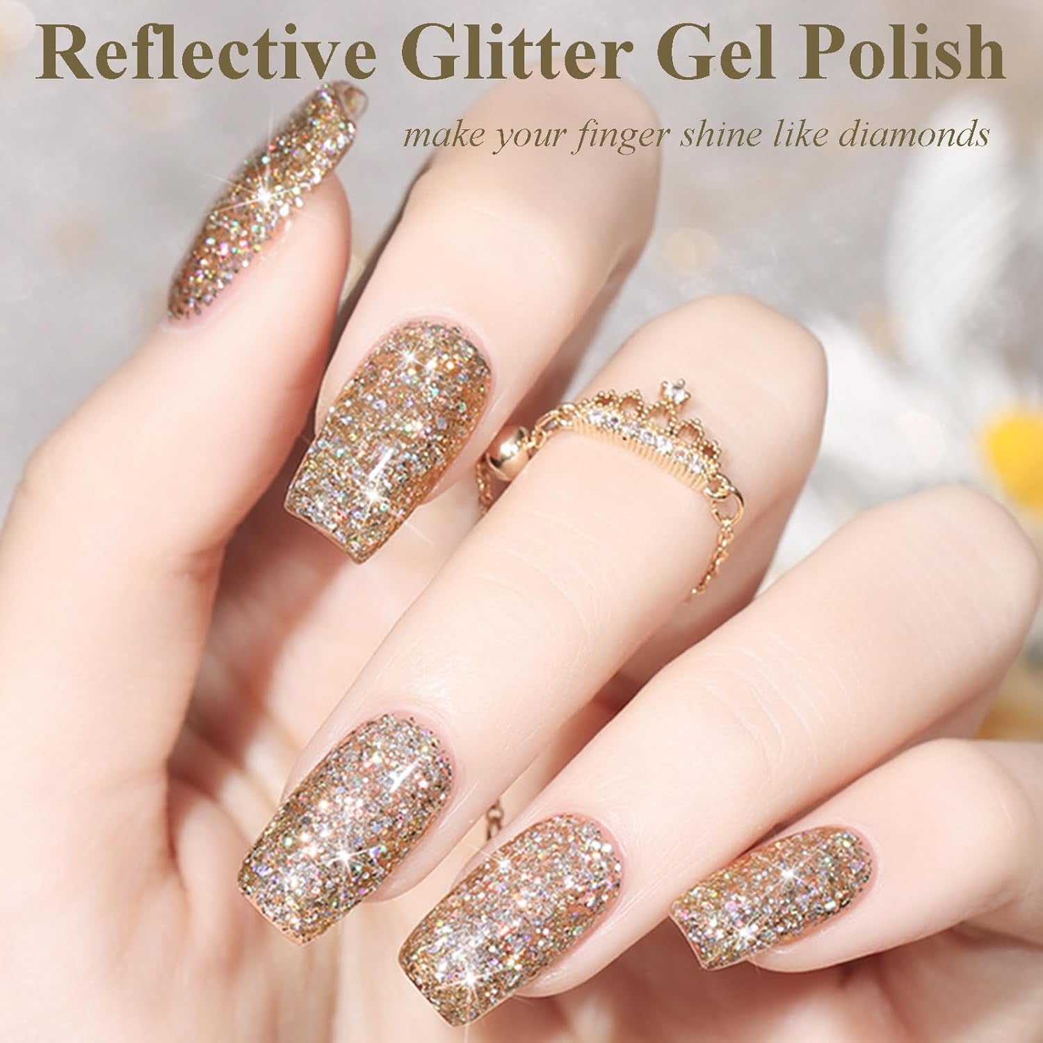 Glitter Gel Polish - Gold Nail Polish -Sparkly Shiny Glitter Gel Nail Polish - Flash Dimond Nail Polish Gel - Long Lasting Uv Gel Nail Polish - Nail Art Polish for Manicure DIY