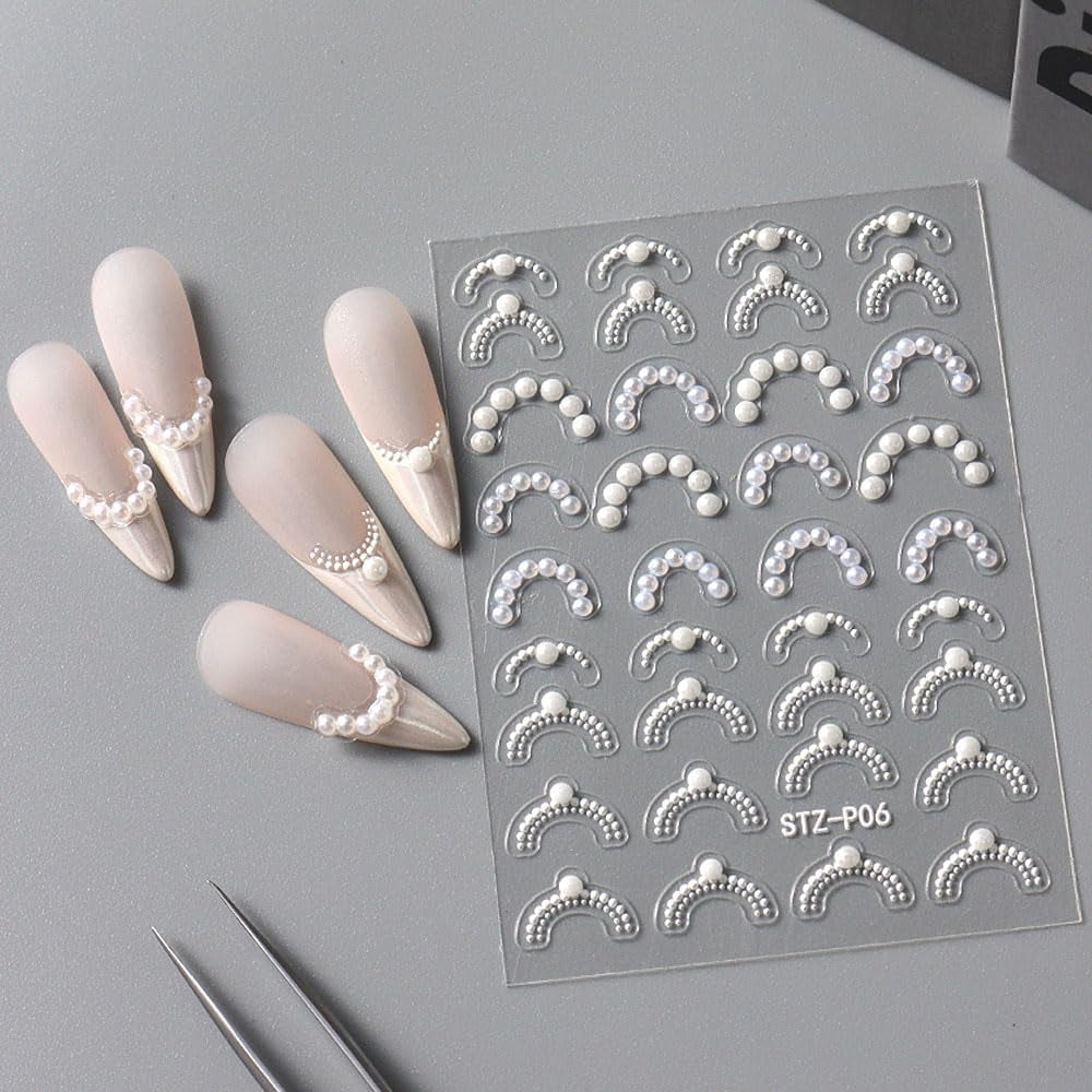 Relief White Pearls French Tip Nail Stickers for Nail Art Supplies,Pearl Chains Lace Wave Lines Nail Designs 5D Nail Art Stickers Vintage French Manicure Pearl Strips Nail Decals Nail Accessories