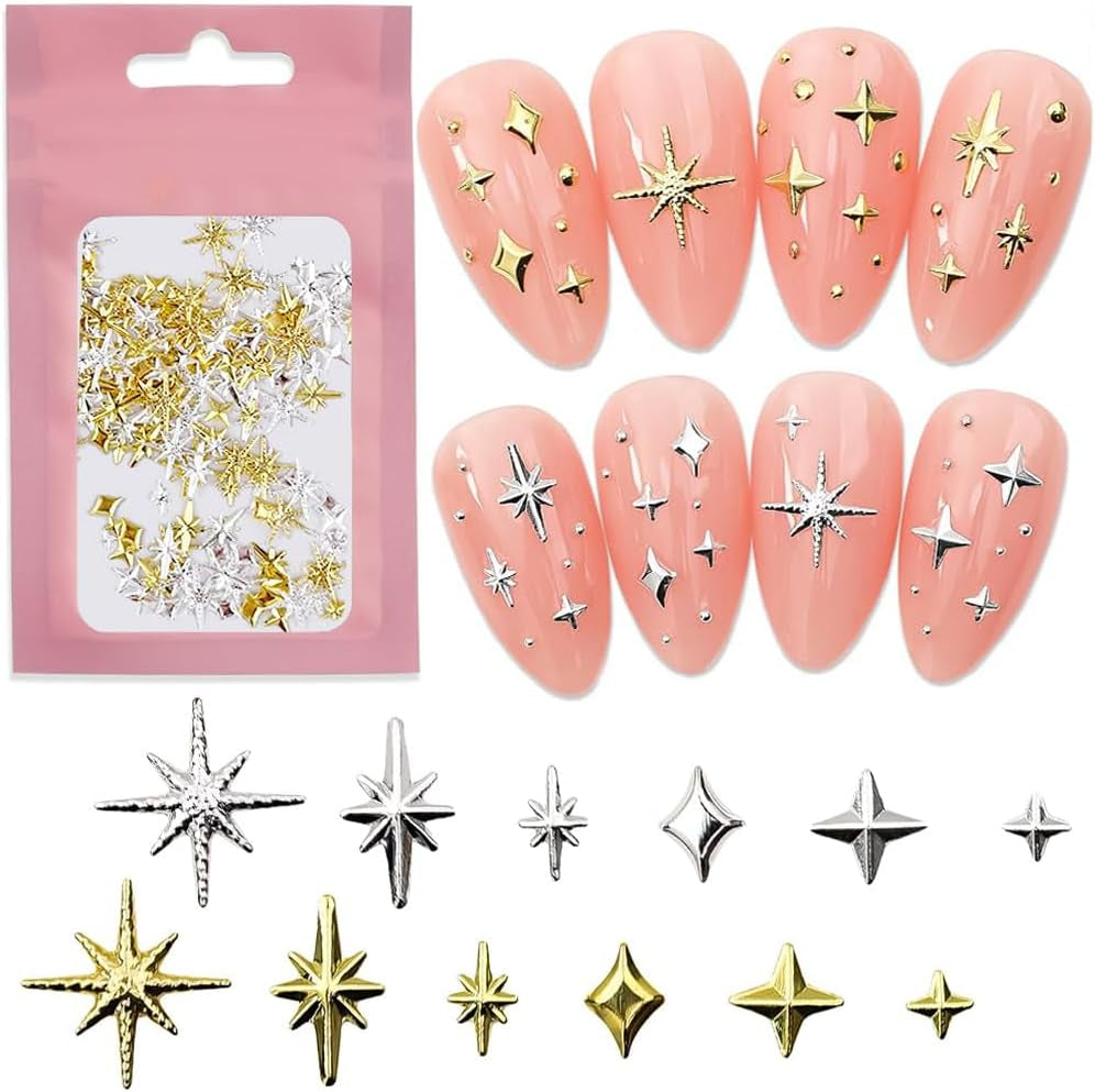 240Pcs Gold Silver Star Nail Charms 3D Star Charms for Nails Design Metal Stars Nail Art Charms Alloy Nail Studs Star Nail Charm Nail Jewels for Nail Art Supplies Starlight Nail Decor Nail Accessories