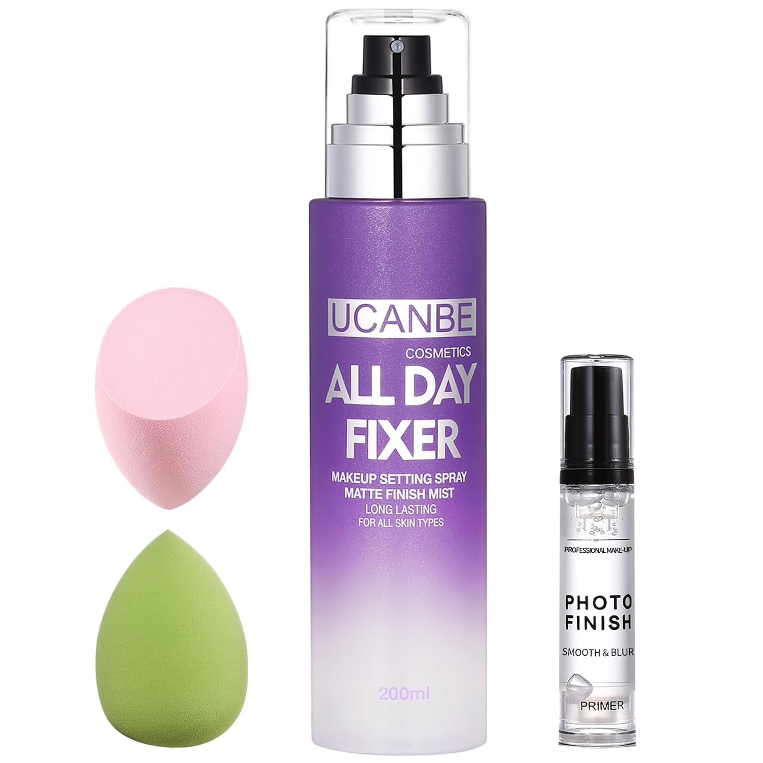 Makeup Setting Spray + Face Primer + Make up Sponge, Gel-Based Hydrating Primer, Lightweight, Long Lasting Matte Finishing Spray,Beauty Blender Set