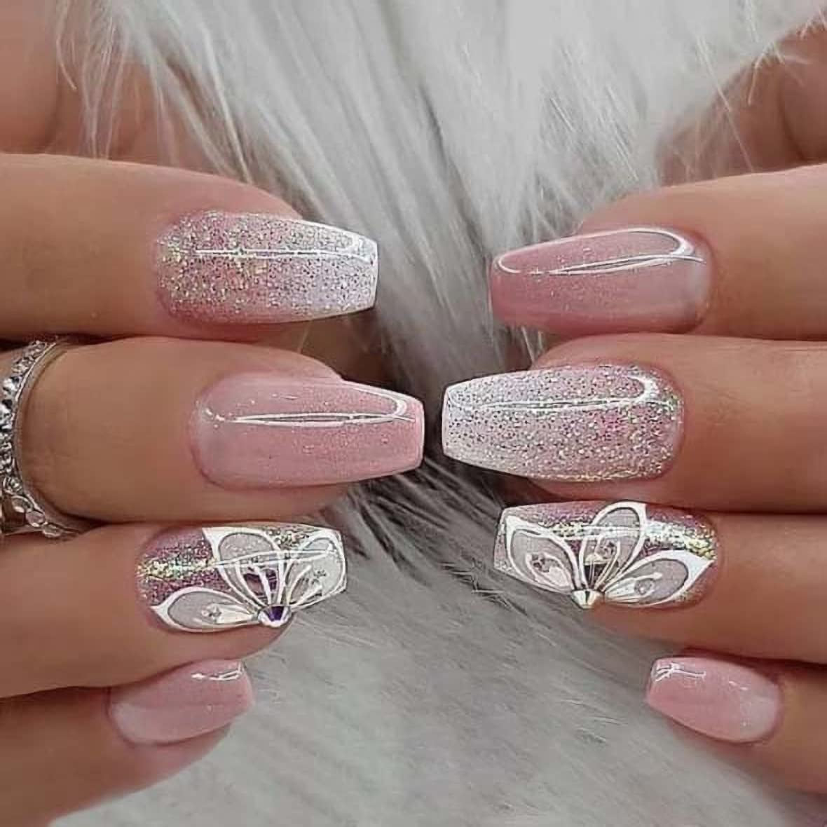 Medium Press on Nails Coffin Pink Gradient Fake Nails Flash Flower Glossy Glue on Nails Ballerina Full Cover Acrylic False Nails for Women