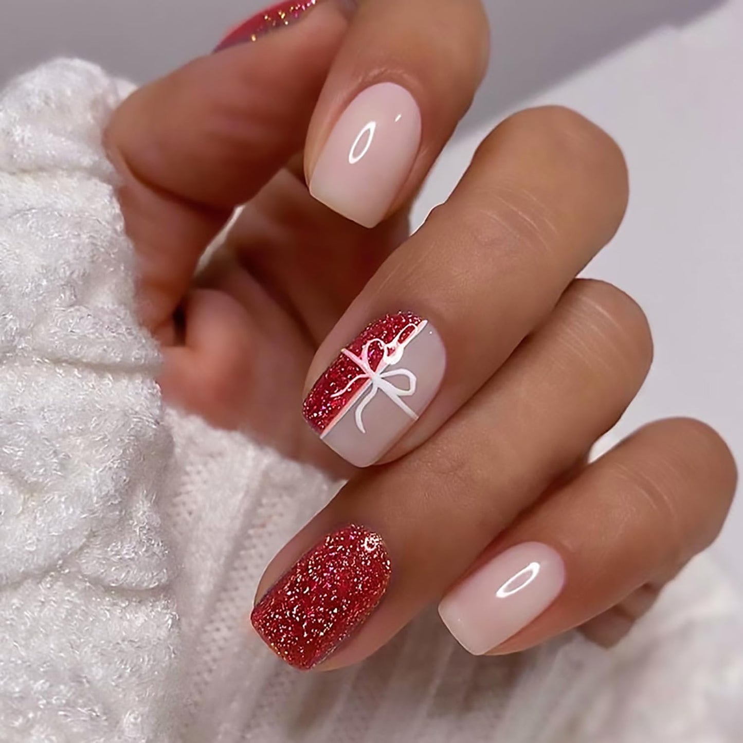 Christmas Press on Nails Short Square Fake Nails with Red Glitter Gift Box Designs Xmas False Nails Acrylic Glue on Nails Full Cover Stick on Nails Winter Artificial Nails for Women 24 Pcs