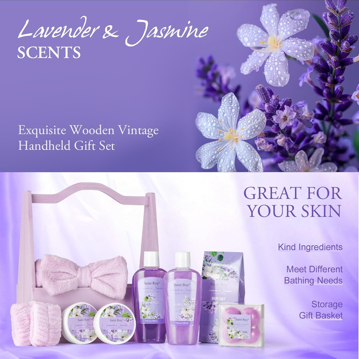 Valentines Day Gifts for Her Spa Gift Baskets for Women - 13Pcs Lavender Jasmine Luxury Spa Gift Set with Nourishing Birthday Gifts for Women, Mothers Day Gifts, Gift Set Bath Spa Basket