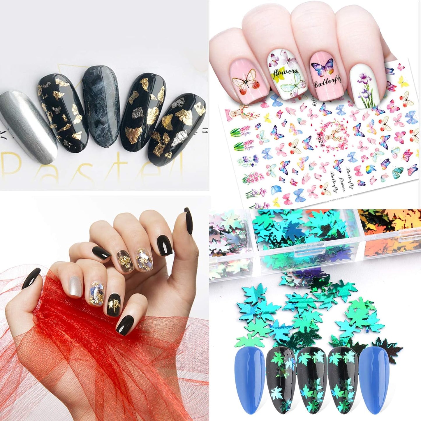 Nail Art Decoration Set with Nail Art Stickers,Nail Foil Flakes,Nail Sequins,Nail Rhinestones, Nail Tweezers,Nail Glitter,3D Self-Adhesive Nail Decals,Manicure DIY Nail Salon Crafting