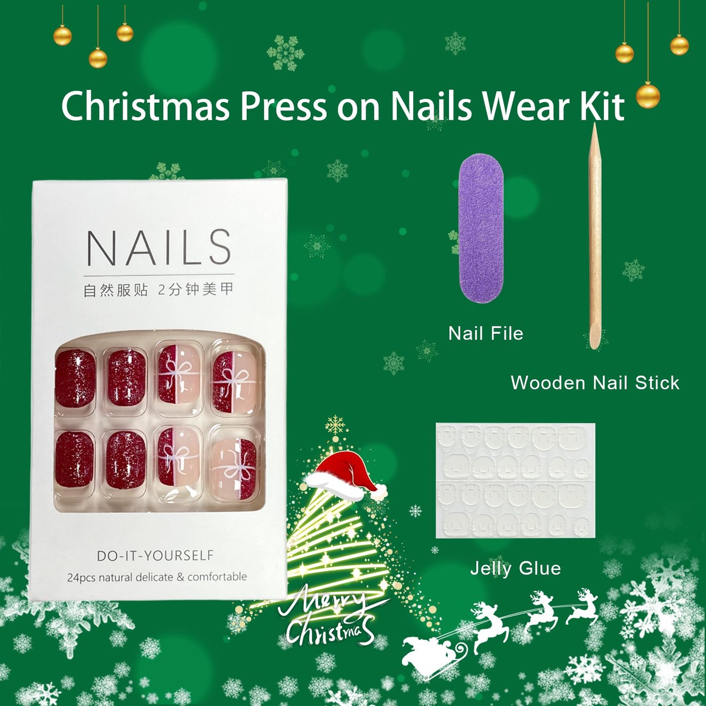 Christmas Press on Nails Short Square Fake Nails with Red Glitter Gift Box Designs Xmas False Nails Acrylic Glue on Nails Full Cover Stick on Nails Winter Artificial Nails for Women 24 Pcs