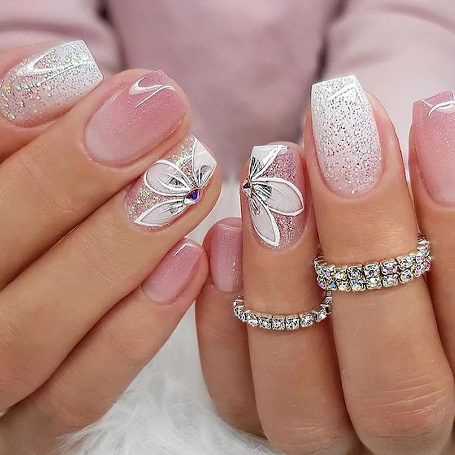 Medium Press on Nails Coffin Pink Gradient Fake Nails Flash Flower Glossy Glue on Nails Ballerina Full Cover Acrylic False Nails for Women