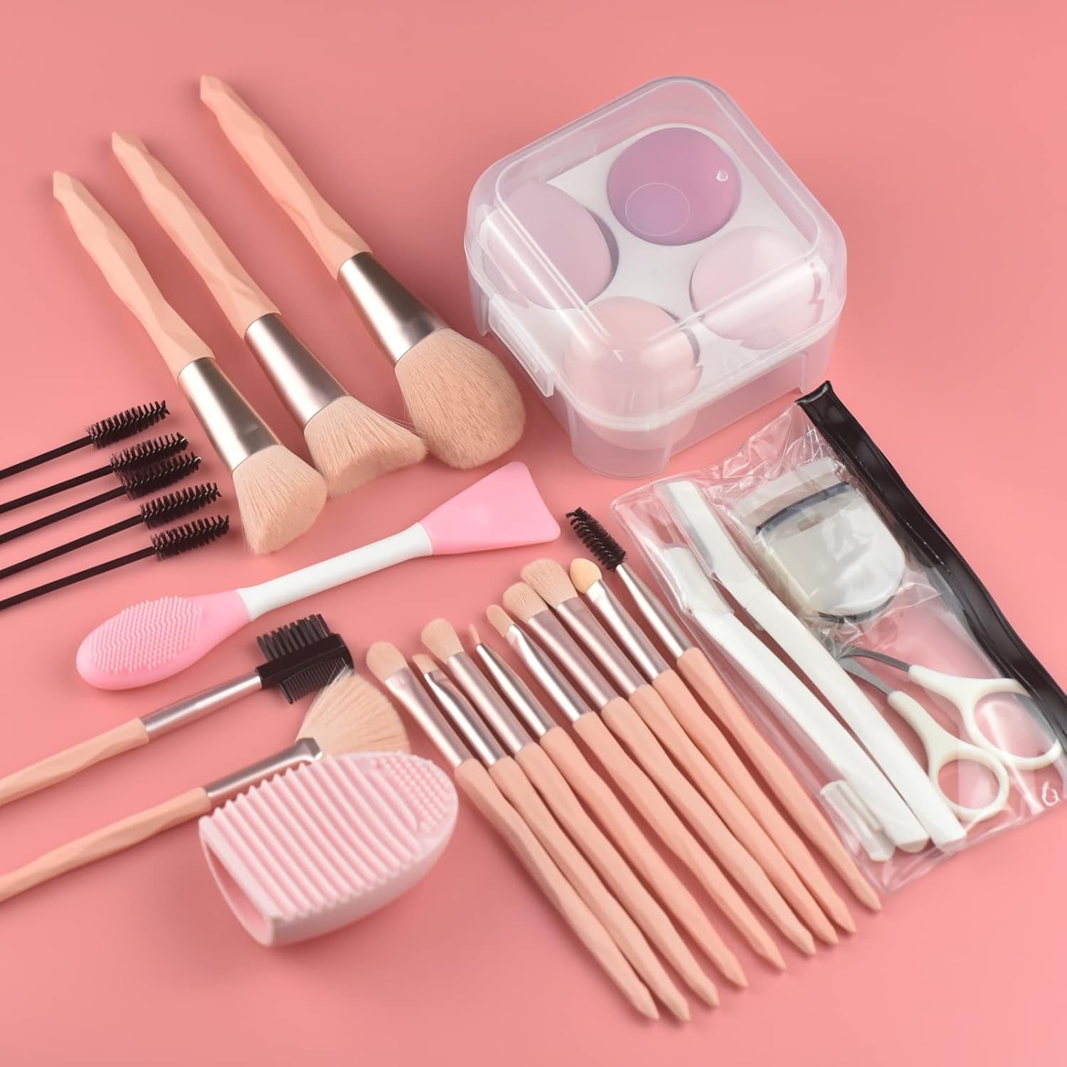 30Pcs Pink Makeup Brushes with Makeup Sponges Makeup Tool Set Makeup Brushes Set Natural Synthetic Eye Shadow Foundation Make-Up Facial Mixed Powder Blusher Concealer Eye Makeup Brush Set