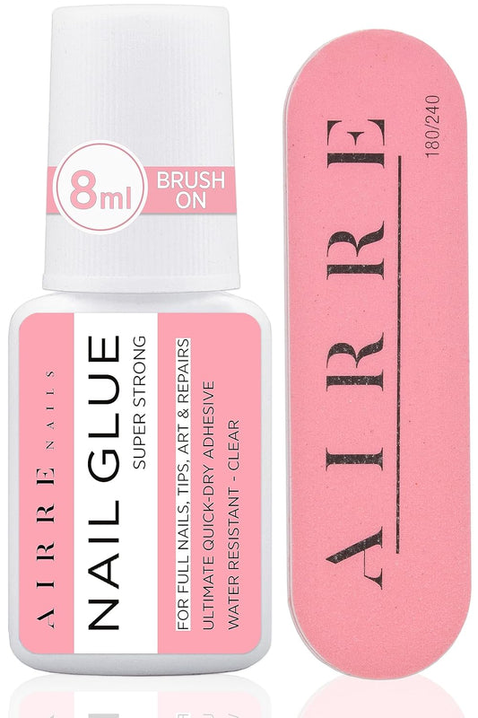 8Ml AIRRE Extra Strong Nail Glue for Nail Tips, Press-On Nails & Acrylic Nails Brush-On Nail Glue & File for Glue-On Fake Nails, Fix Broken Nail Repair. Acrylic Nail Glue Nail Bond Nail Glue Gel