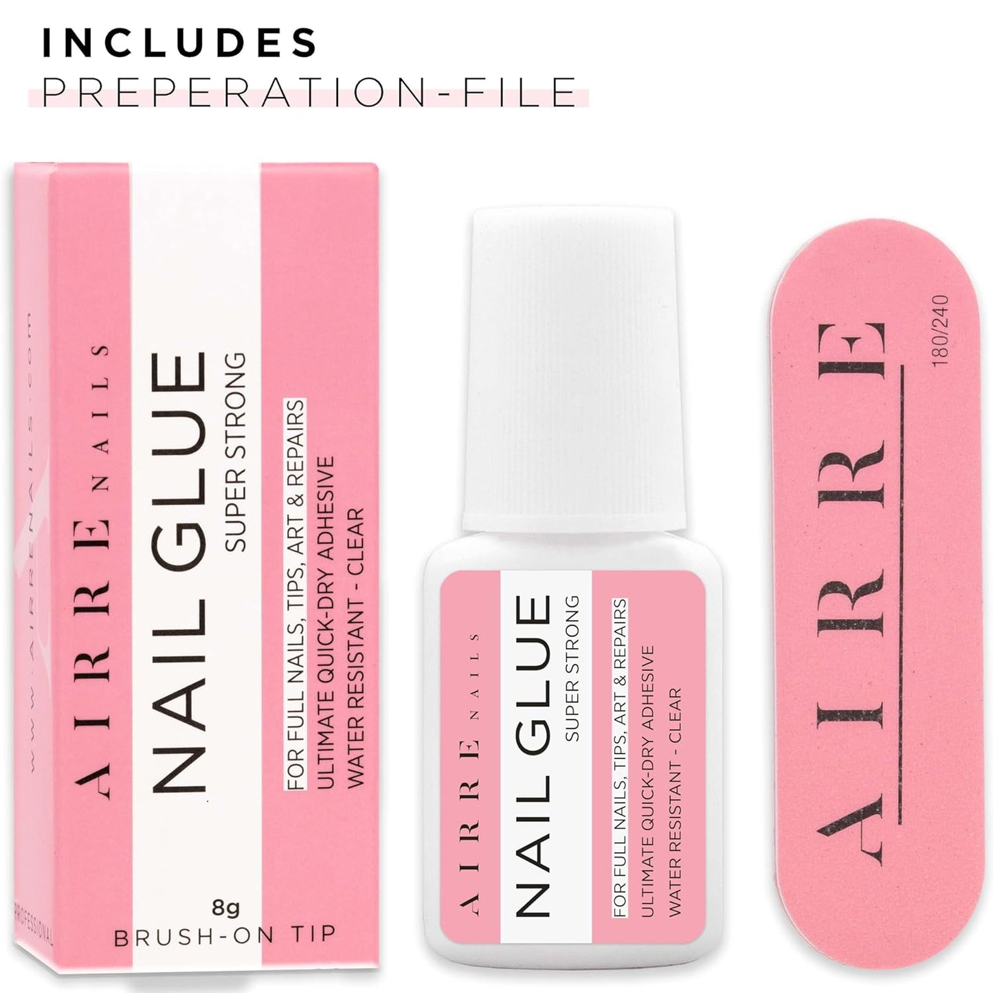 8Ml AIRRE Extra Strong Nail Glue for Nail Tips, Press-On Nails & Acrylic Nails Brush-On Nail Glue & File for Glue-On Fake Nails, Fix Broken Nail Repair. Acrylic Nail Glue Nail Bond Nail Glue Gel