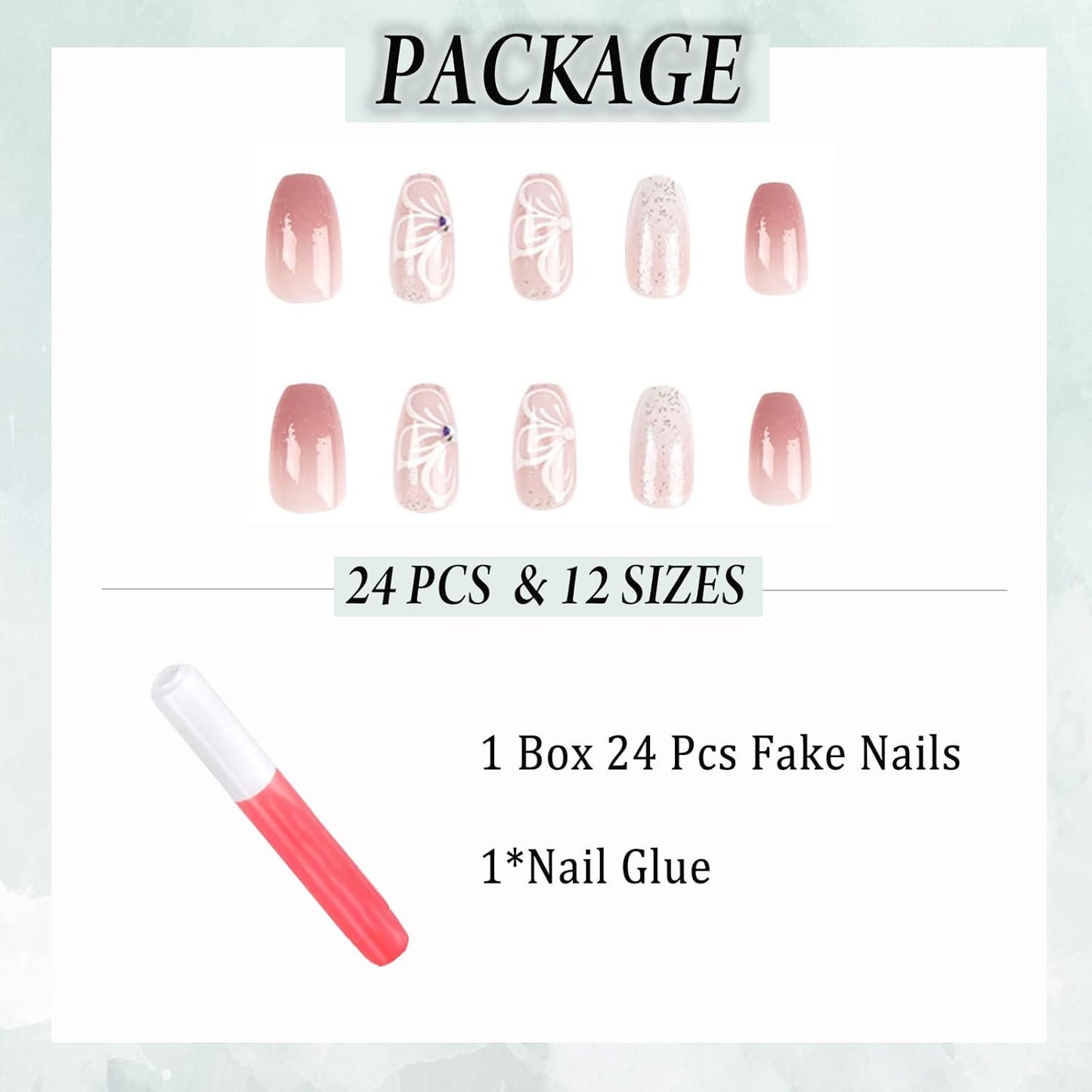 Medium Press on Nails Coffin Pink Gradient Fake Nails Flash Flower Glossy Glue on Nails Ballerina Full Cover Acrylic False Nails for Women