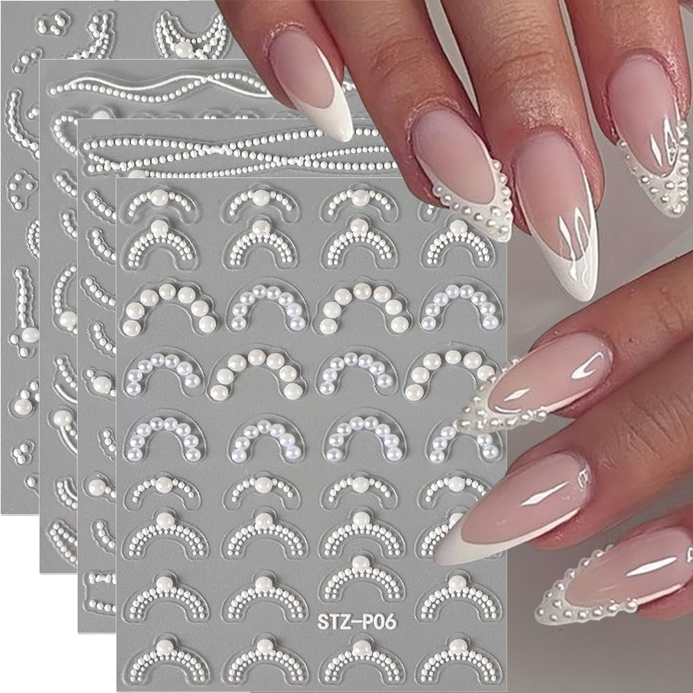 Relief White Pearls French Tip Nail Stickers for Nail Art Supplies,Pearl Chains Lace Wave Lines Nail Designs 5D Nail Art Stickers Vintage French Manicure Pearl Strips Nail Decals Nail Accessories