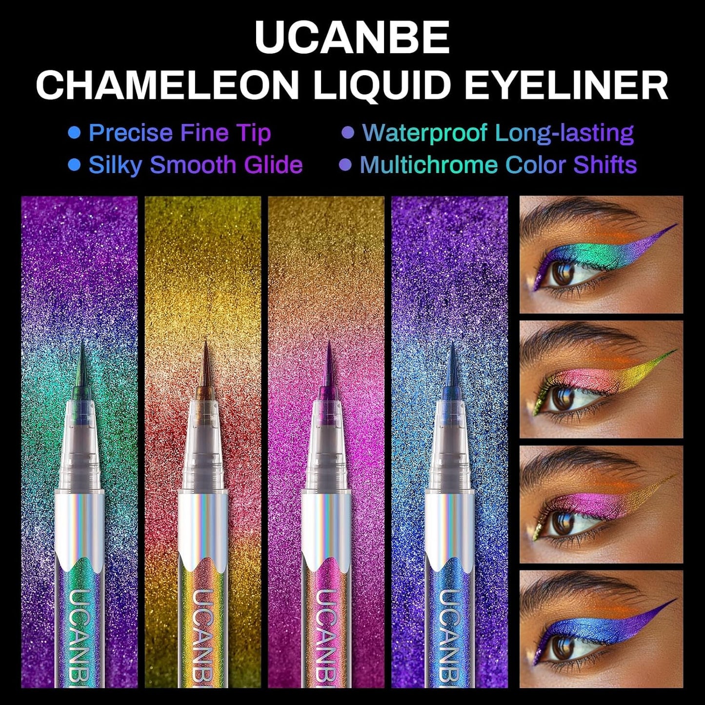 Chameleon Liquid Eyeliner - Green Cyan Blue, Multi-Chrome Metallic Shift Eyeliner, Waterproof Glitter Eyeliner with Soft Fine Tip for Multi-Dimensional Eye Looks