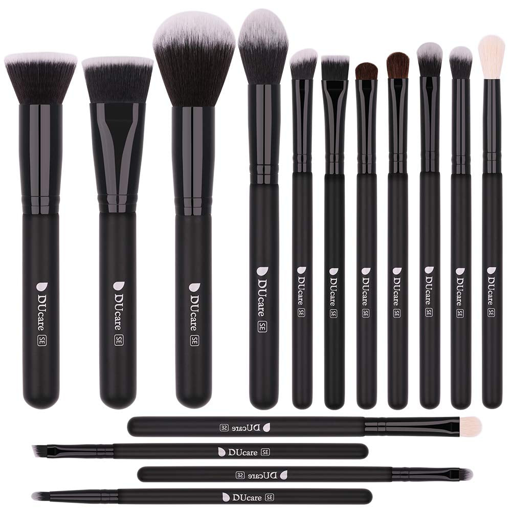 Makeup Brushes 15Pcs Premium Synthetic Kabuki Makeup Brush Set, Professional Foundation Concealers Powder Blush Blending Face Eye Shadows Black Brush Sets