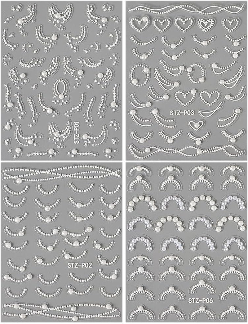 Relief White Pearls French Tip Nail Stickers for Nail Art Supplies,Pearl Chains Lace Wave Lines Nail Designs 5D Nail Art Stickers Vintage French Manicure Pearl Strips Nail Decals Nail Accessories