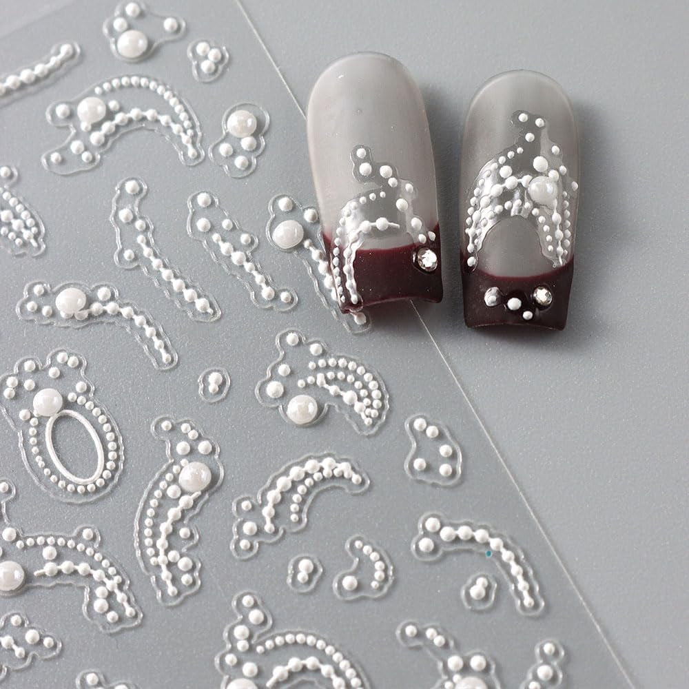 Relief White Pearls French Tip Nail Stickers for Nail Art Supplies,Pearl Chains Lace Wave Lines Nail Designs 5D Nail Art Stickers Vintage French Manicure Pearl Strips Nail Decals Nail Accessories