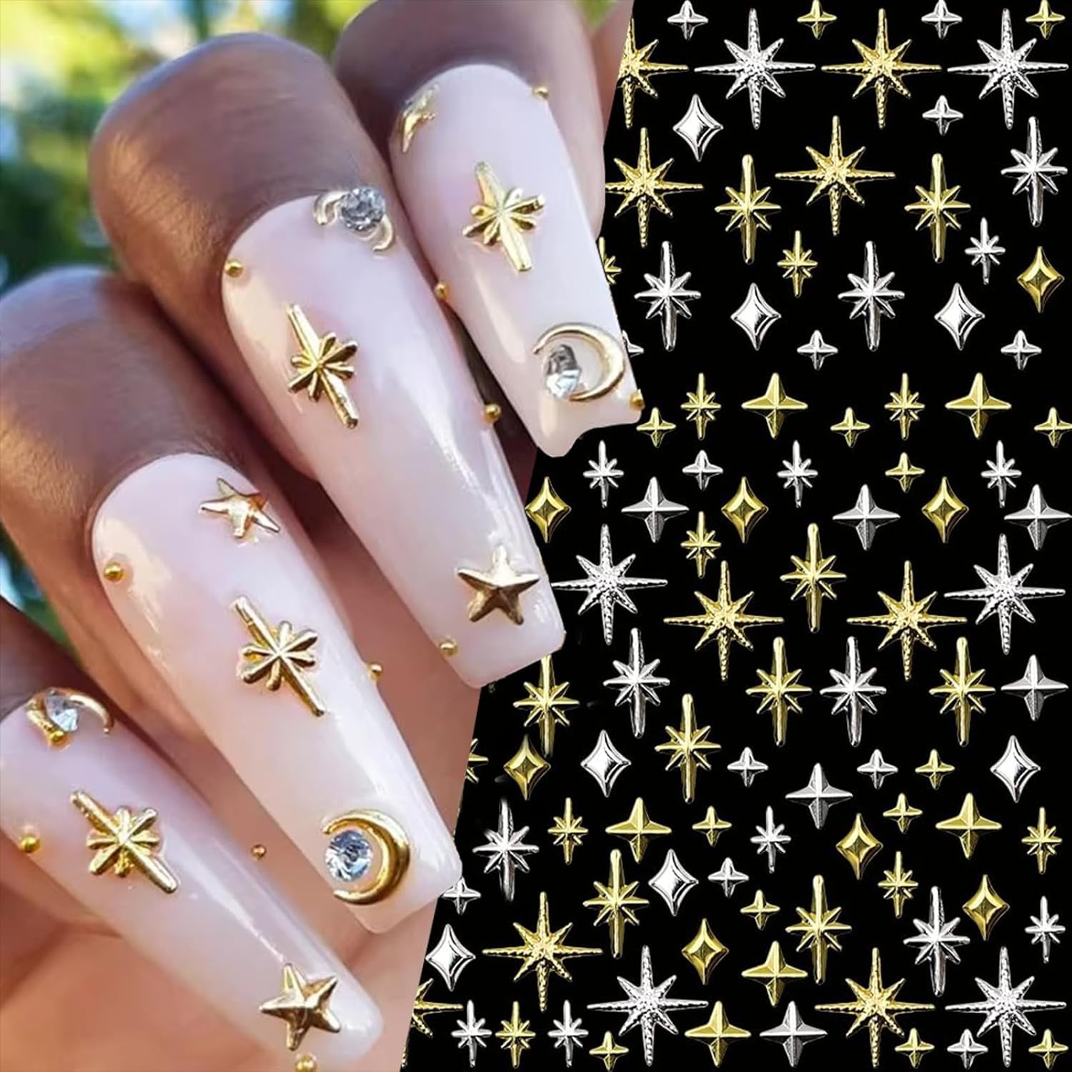 240Pcs Gold Silver Star Nail Charms 3D Star Charms for Nails Design Metal Stars Nail Art Charms Alloy Nail Studs Star Nail Charm Nail Jewels for Nail Art Supplies Starlight Nail Decor Nail Accessories