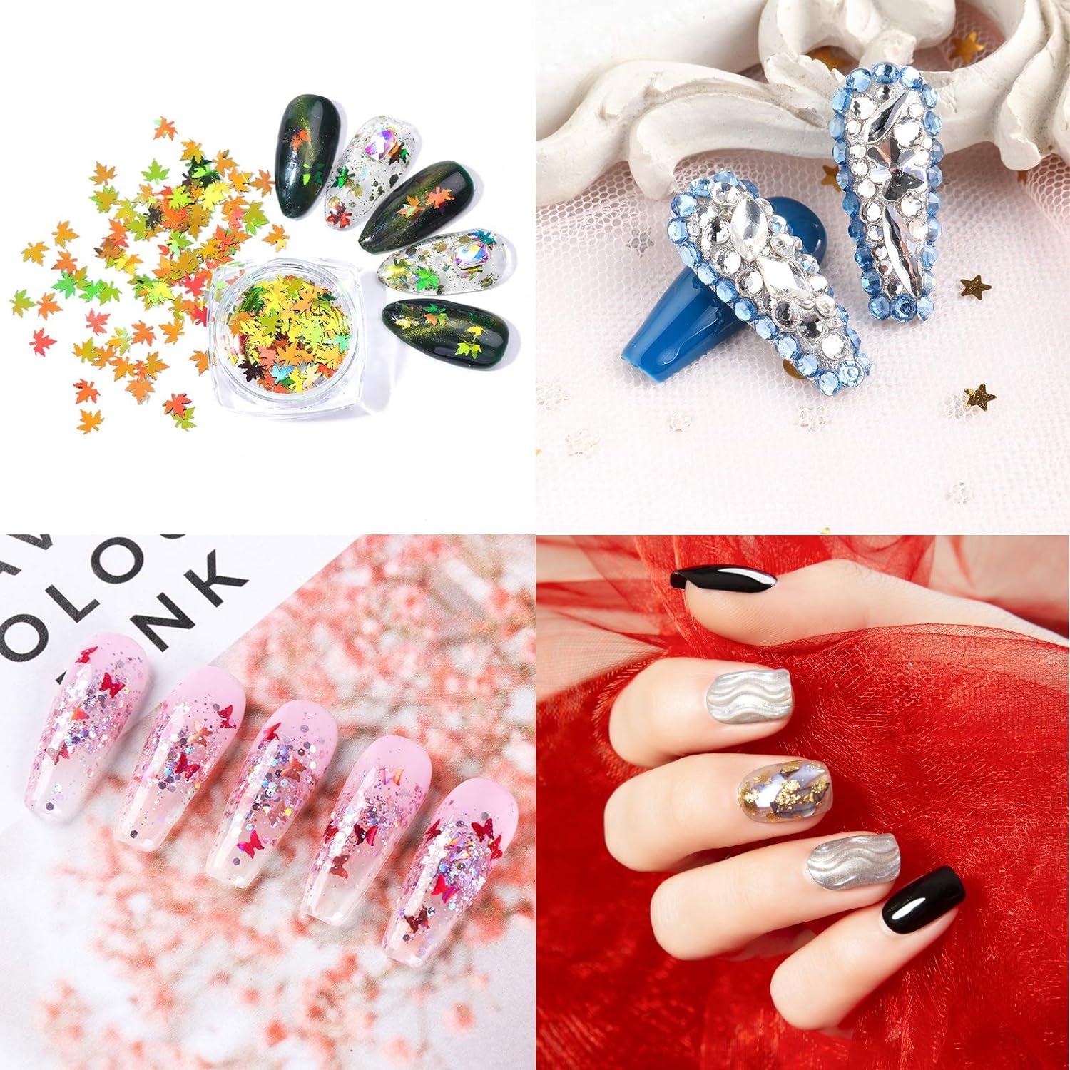 Nail Art Decoration Set with Nail Art Stickers,Nail Foil Flakes,Nail Sequins,Nail Rhinestones, Nail Tweezers,Nail Glitter,3D Self-Adhesive Nail Decals,Manicure DIY Nail Salon Crafting