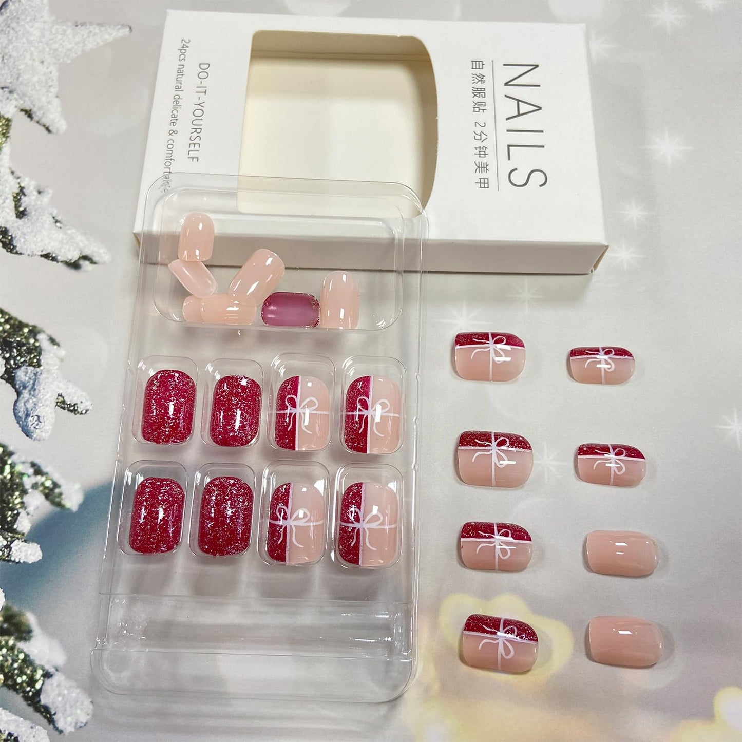 Christmas Press on Nails Short Square Fake Nails with Red Glitter Gift Box Designs Xmas False Nails Acrylic Glue on Nails Full Cover Stick on Nails Winter Artificial Nails for Women 24 Pcs