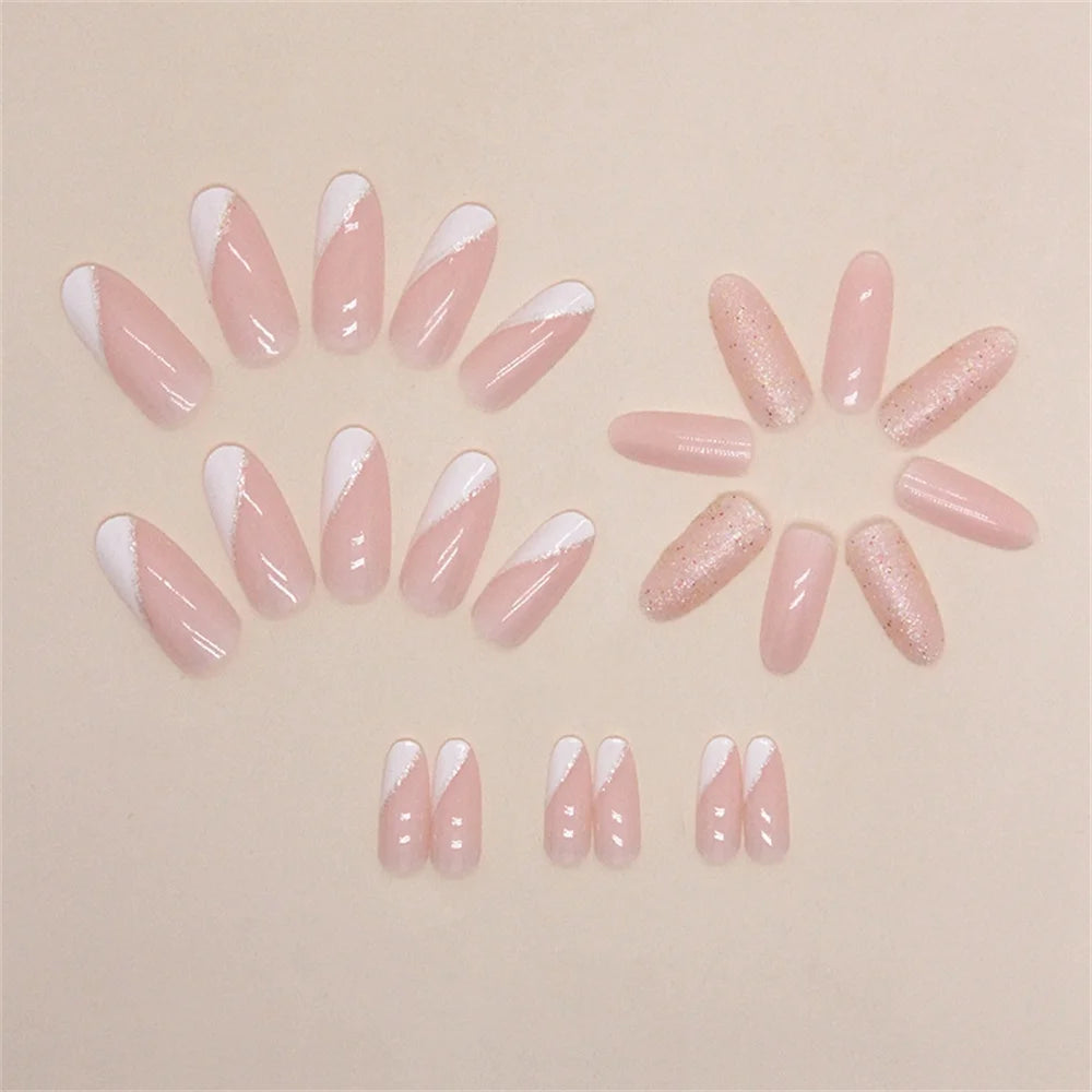 24Pcs Press on False Nails Tips,Almond Fake Acrylic Nails, round Simple French