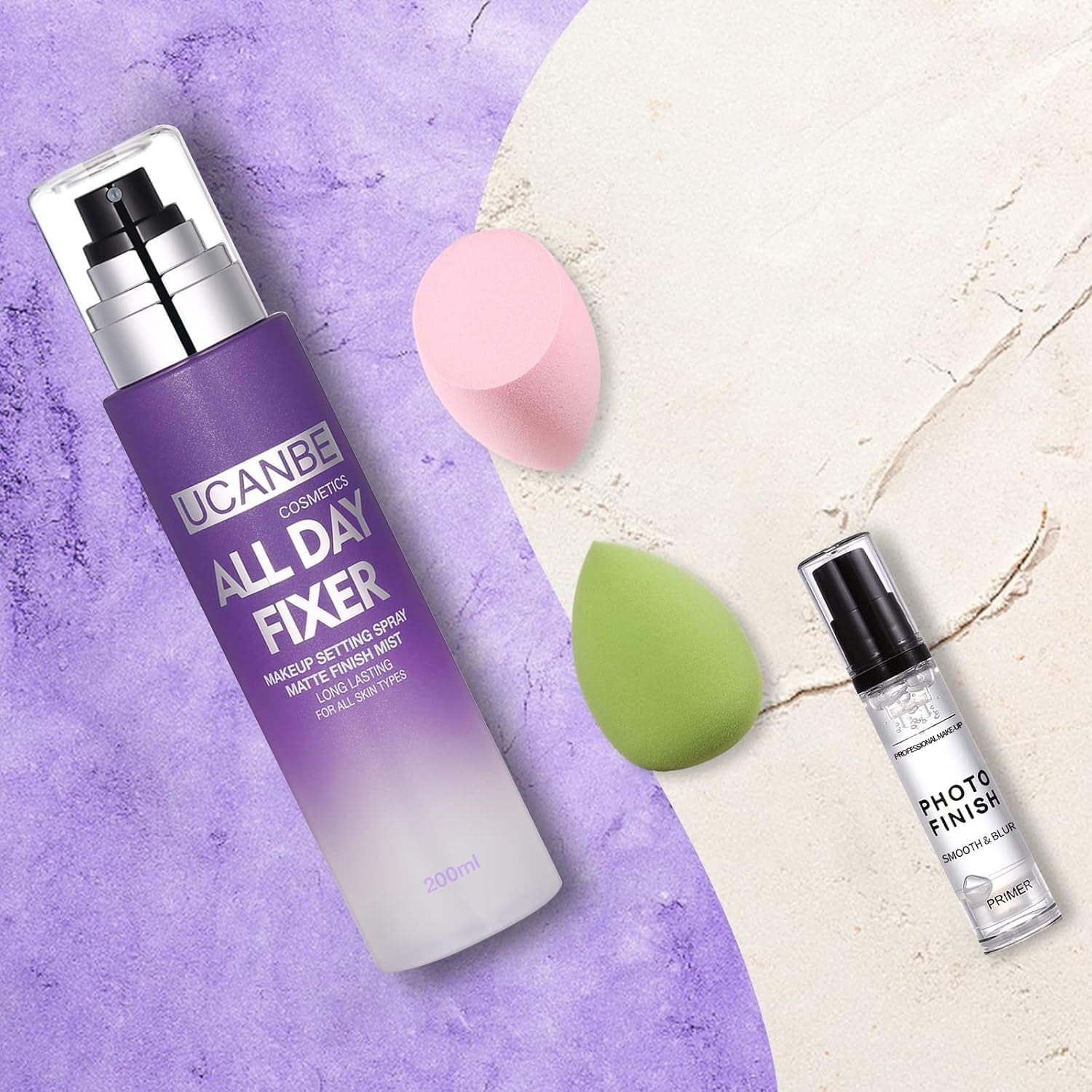 Makeup Setting Spray + Face Primer + Make up Sponge, Gel-Based Hydrating Primer, Lightweight, Long Lasting Matte Finishing Spray,Beauty Blender Set