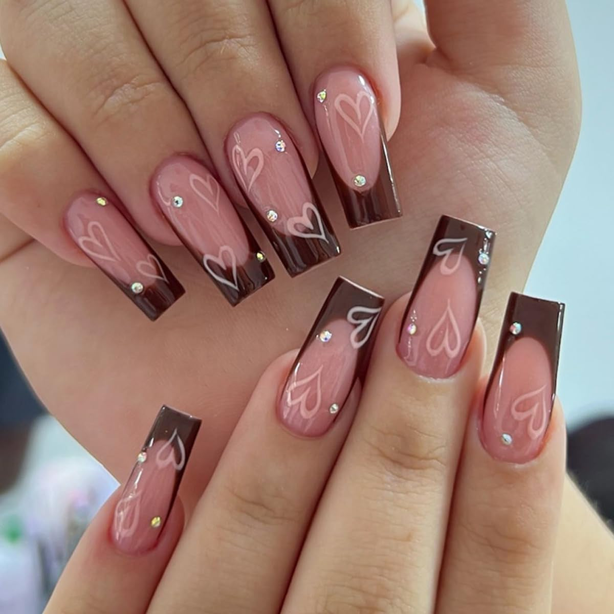 French Tip Press on Nails Square Medium Long Brown Pink Heart Rhinestone Fake Nails Women Glue on Nails Acrylic Gel Stick on Nails Glitter Fantasy False Nails Wedding Birthday