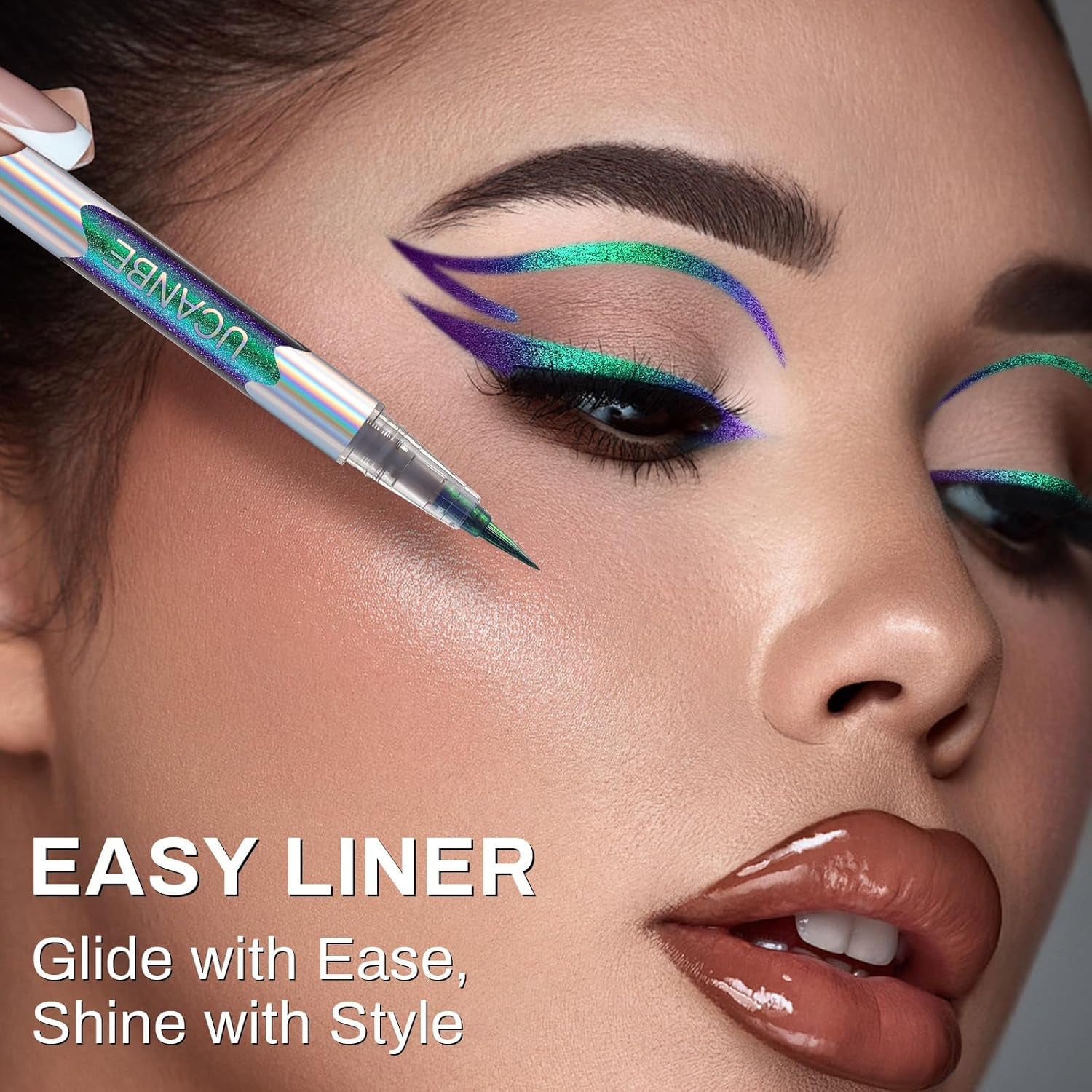 Chameleon Liquid Eyeliner - Green Cyan Blue, Multi-Chrome Metallic Shift Eyeliner, Waterproof Glitter Eyeliner with Soft Fine Tip for Multi-Dimensional Eye Looks