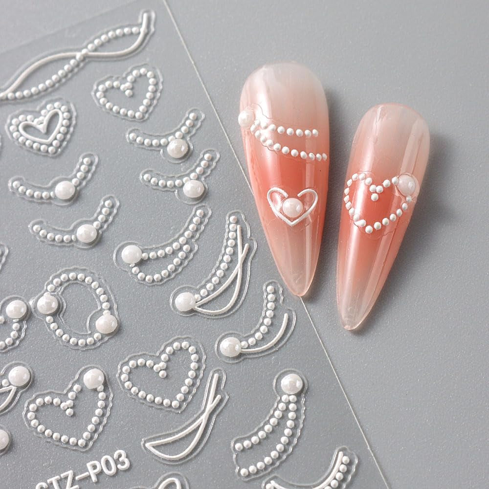 Relief White Pearls French Tip Nail Stickers for Nail Art Supplies,Pearl Chains Lace Wave Lines Nail Designs 5D Nail Art Stickers Vintage French Manicure Pearl Strips Nail Decals Nail Accessories