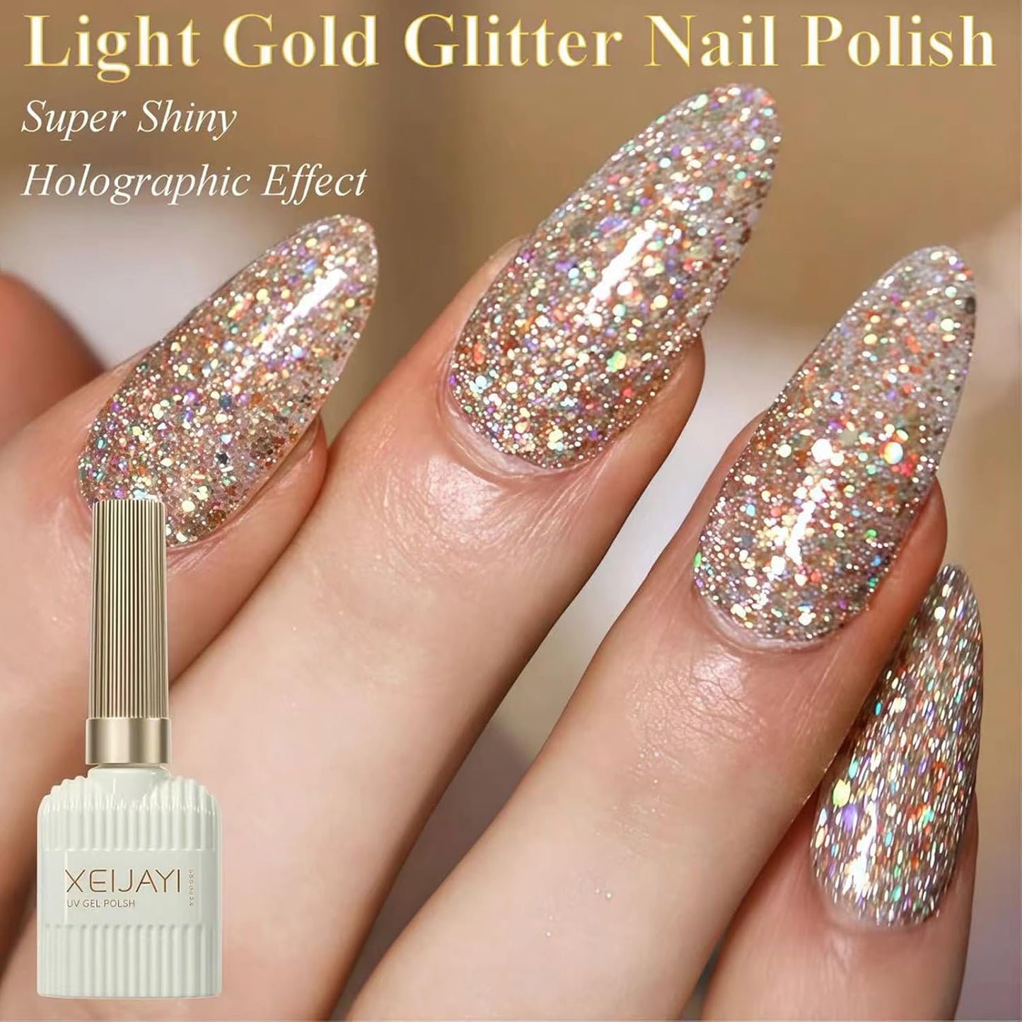 Glitter Gel Polish - Gold Nail Polish -Sparkly Shiny Glitter Gel Nail Polish - Flash Dimond Nail Polish Gel - Long Lasting Uv Gel Nail Polish - Nail Art Polish for Manicure DIY