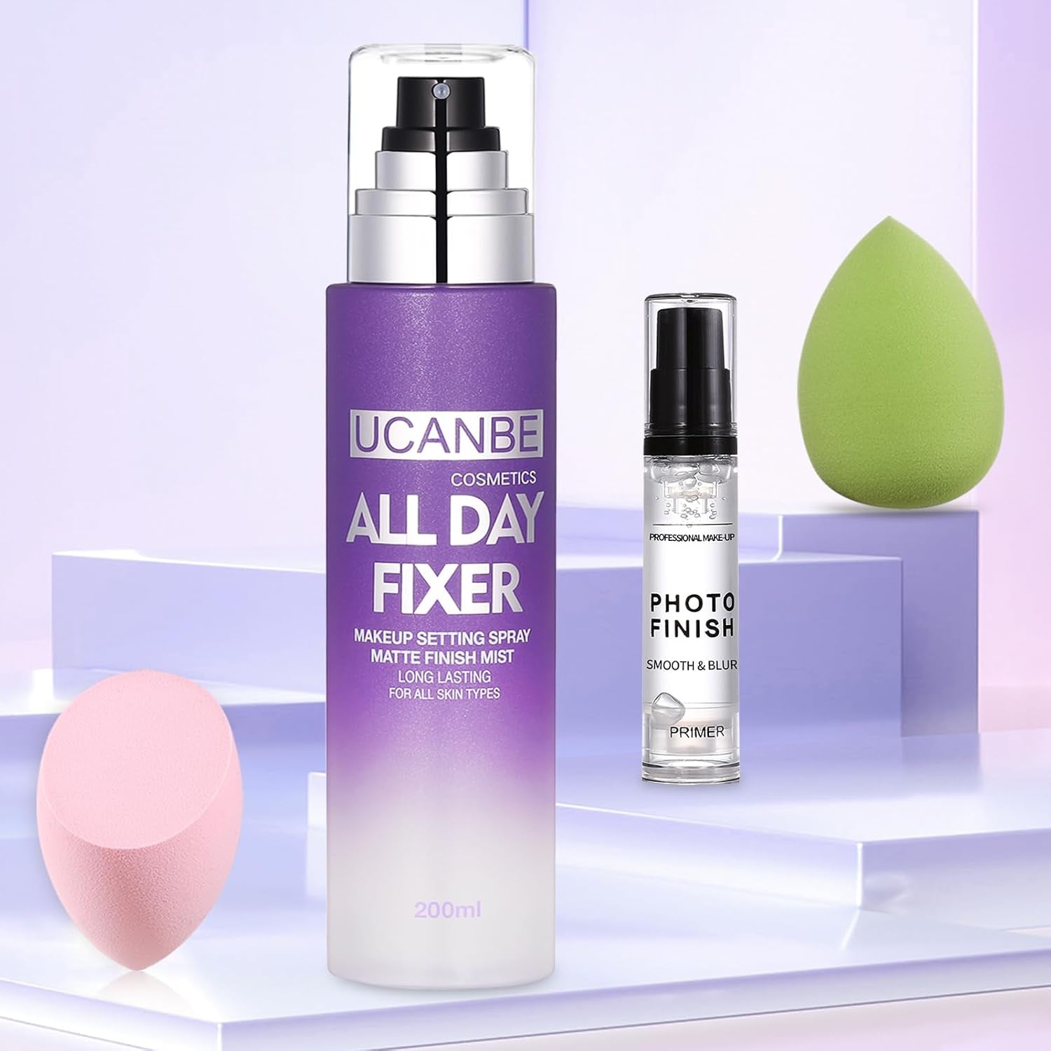 Makeup Setting Spray + Face Primer + Make up Sponge, Gel-Based Hydrating Primer, Lightweight, Long Lasting Matte Finishing Spray,Beauty Blender Set