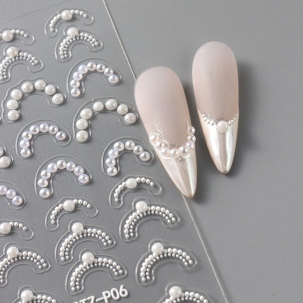 Relief White Pearls French Tip Nail Stickers for Nail Art Supplies,Pearl Chains Lace Wave Lines Nail Designs 5D Nail Art Stickers Vintage French Manicure Pearl Strips Nail Decals Nail Accessories