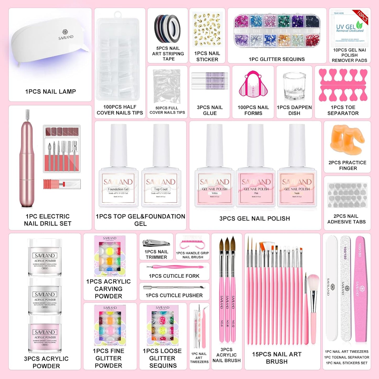 Acrylic Nail Kit – Nails Kit Acrylic Set Acrylic Powder & Liquid with Nail Drill Acrylic Brush Gel Nail Polish Clear Nails Tips Nail Art Tools Nail Stuff for Nail Starters DIY Christmas Gift